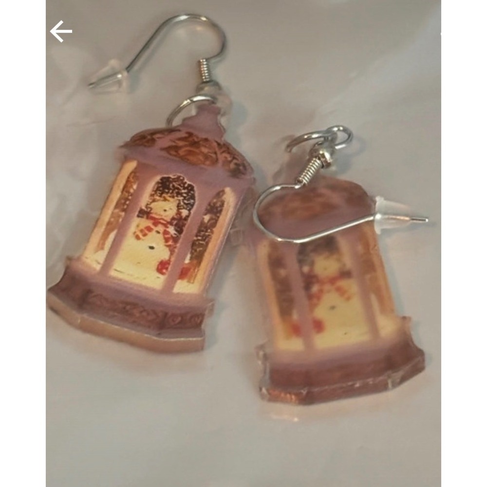 Snowman Lantern Acrylic Drop Earrings Purple Holiday Winter Jewelry
